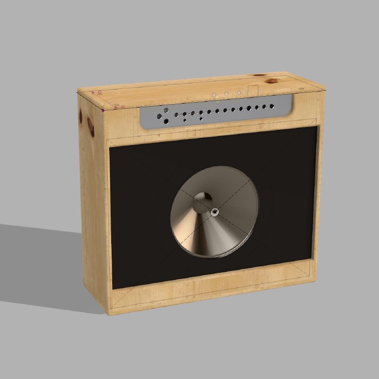 A CAD model of a combo amp cabinet in unfinished wood, with the speaker fitted and component tray in place.