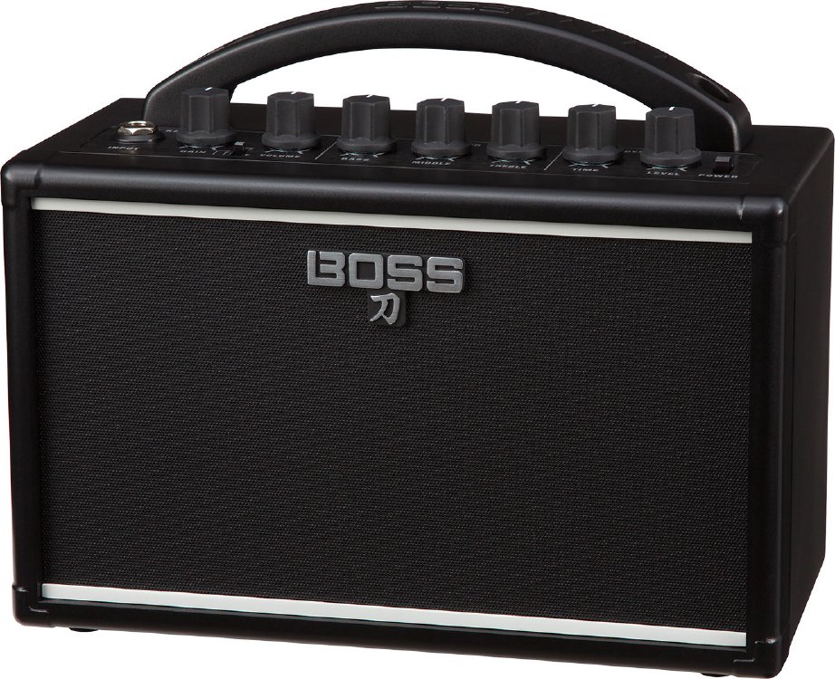 A Boss Katana Mini tiny practice amp. It's a small black rectangle with some controls on.