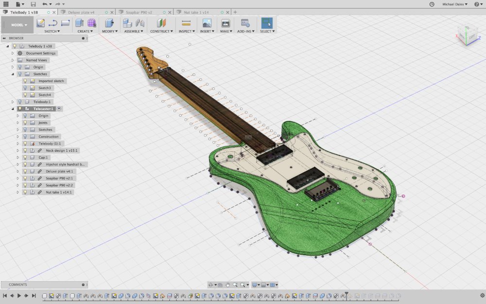 A screenshot of a CAD model of an electric guitar showing construction sketches.