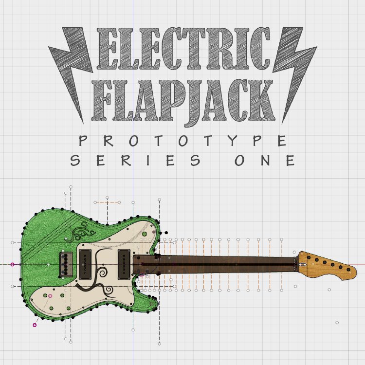 Artwork depicting a CAD view of a guitar, above which is the Electric Flapjack logo, along with the message 'Prototype Series One'