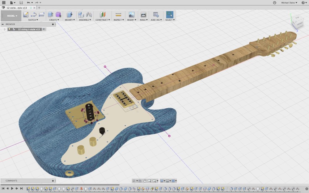 A CAD model of a blue t-style guitar that has an unusually large headstock on account of being a 12-string design.