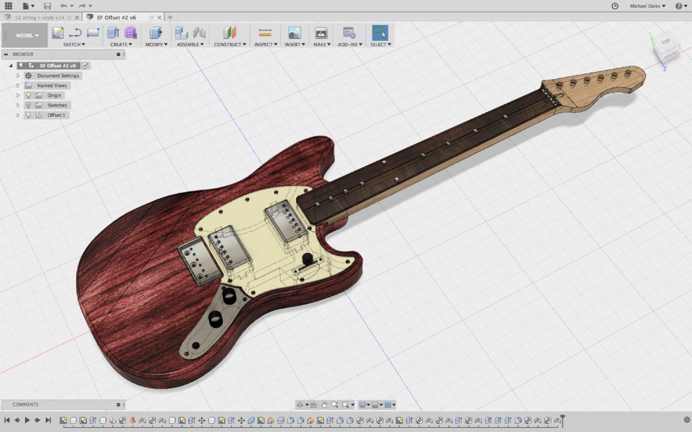 A CAD model of a mustang-style guitar, which has a crimson stained wood body, and dual humbucker pickups.