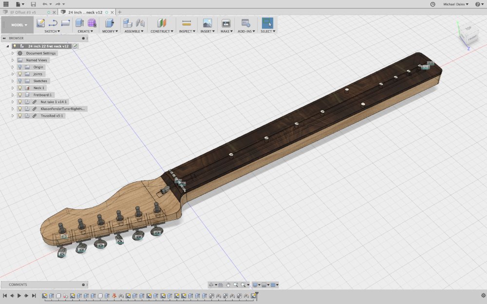A screenshot of a guitar neck being modelled in CAD.