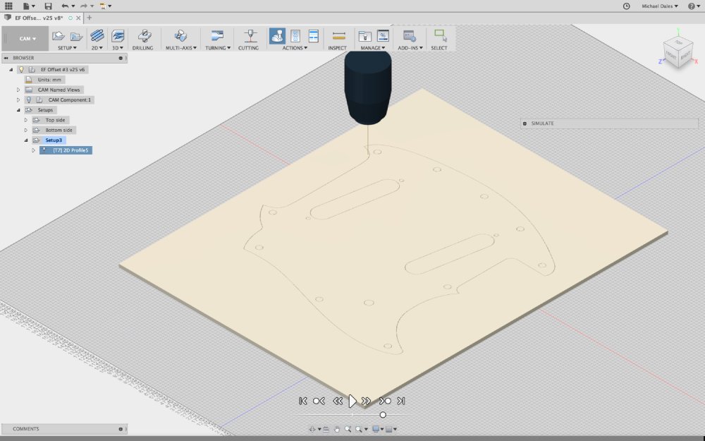 A screen shot of Fusion 360 showing the tool-path for cutting a pickguard.