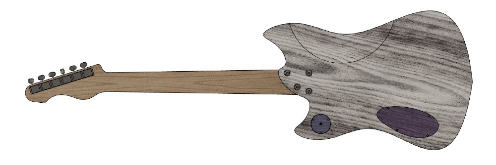 A CAD drawing of the finished guitar from the rear, showing the control cavity covers.