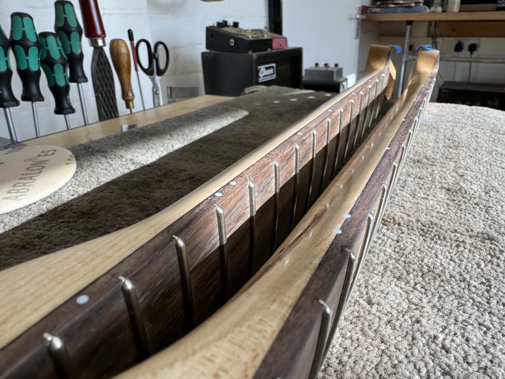A close up photo looking along the edge of the two necks, showing the white dot inlays that indicate fret position to the player. On one neck the inlays sit at the boundary between the maple body of the neck and the rosewood fretboard, and on the other the inlays are entirely in the side of the rosewood part.