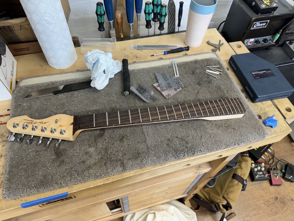 A photo of the finished neck, with all the frets looking polished and the rosewood fretboard nicely oiled.
